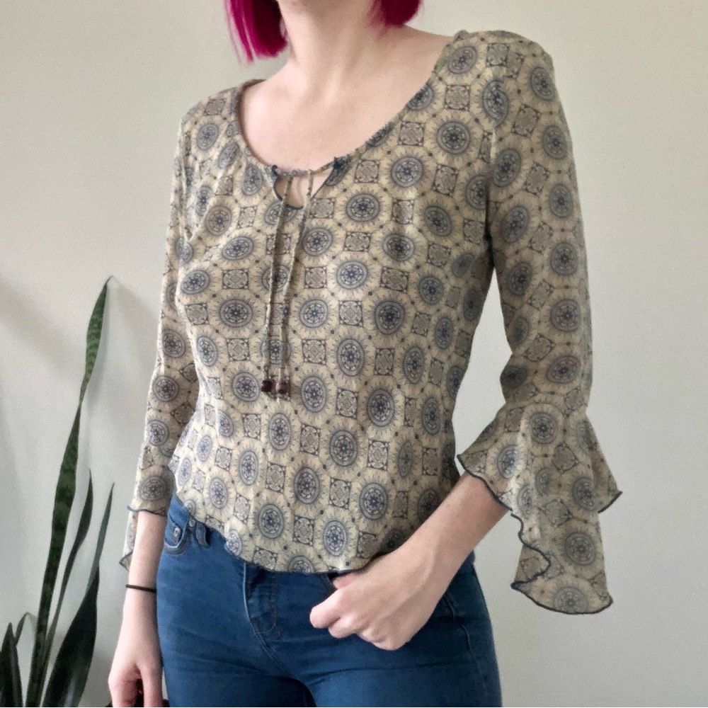 Vintage 90s Y2K Clio Boho Print Semi Sheer Peasant Blouse